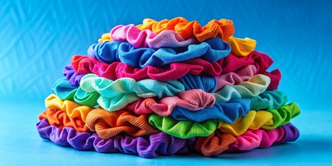 Vibrant Colorful Scrunchies Stacked Against Blue Background - Aerial View Stock Photo