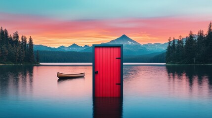 Vibrant Red Door in Calm Waters with Mountains at Sunset