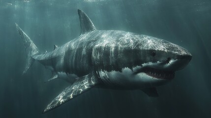Fototapeta premium A great white shark swimming gracefully in deep water, showcasing its powerful physique and predatory nature.