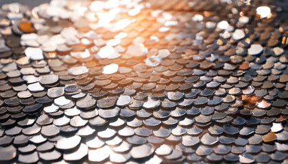 Naklejka premium A close-up view of shimmering coins arranged in a pattern, reflecting light and creating a visually appealing texture.