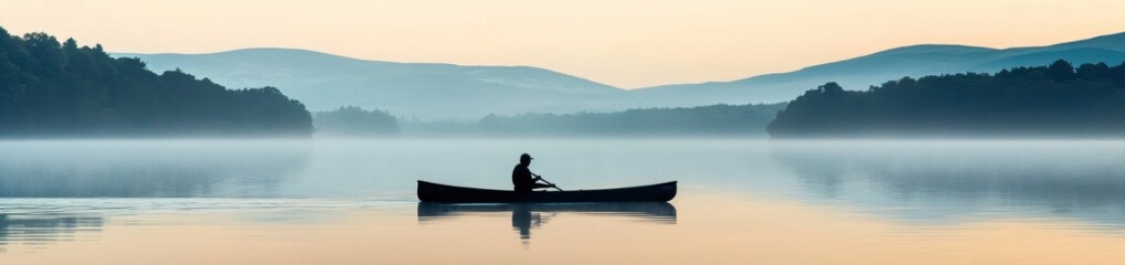 Serene Early Morning Canoeing on Calm Misty Lake Landscape