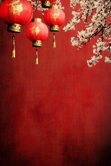 Fototapeta premium Festive composition with red silk texture as background. Groups of warmly glowing red lanterns hung from above. It adds a powerful sense of culture.