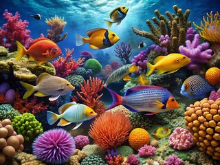 Obraz premium Vibrant Coral Reef Scene: Colorful Fish and Lush Coral in Underwater Paradise