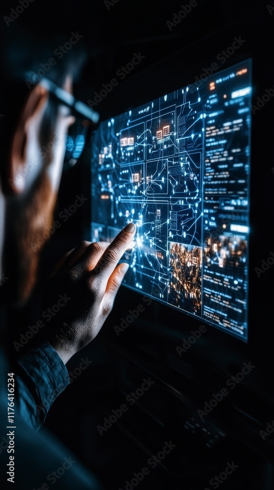 Poster futuristic network data analysis digital interface smart technology person interacting