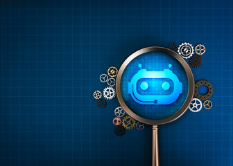AI searching management tools, development technology assistance service support concept. AI chat bot icon in magnifying glass lens with many gears cogwheels on blue network background with space.