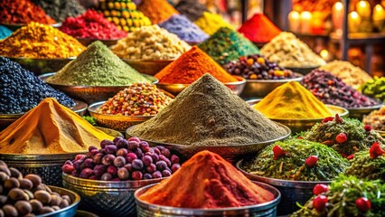 Fototapeta premium Vibrant Cultural Spice Bazaar: Exotic Cooking Ingredients & Aromatic Herbs