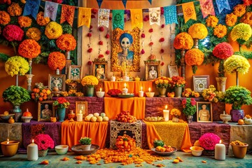 Fototapeta premium Vibrant Day of the Dead Altar with Papel Picado and Marigolds - Vintage Photography