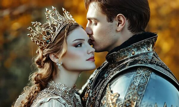 Enchanted Royal Embrace: A Majestic Prince and Princess Share a Tender Moment in a Magical Forest in Stunning Fantasy Attire with ai generated.