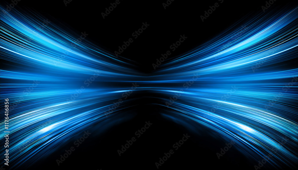 Poster a vibrant display of blue light streaks radiating outward against a black background, creating a dyn