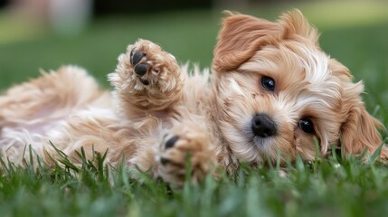 A cute puppy lying on its back in the grass, displaying a playful and relaxed demeanor.