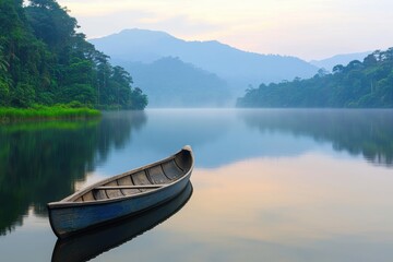Obraz premium Serene Morning Scene with a Lonely Boat on Calm Lake Waters
