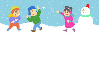 ポストカード・グリーティングカード・寒中見舞いで使える雪合戦をする子供と雪だるまのベクターイラスト