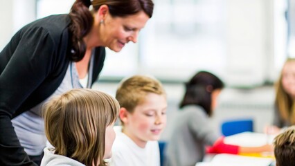 Fototapeta premium Blurred Teacher Interaction: Teacher helping a student with a blurred background 