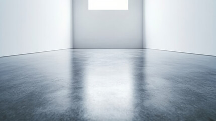 Minimalistic gallery space with polished concrete floor and bright window, creating serene atmosphere for art display and contemplation