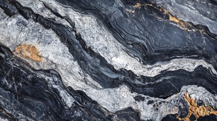 Panoramic close-up of a black and white stone surface with dark gray grunge textures and mountain-like details, offering design space