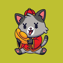 cute cat chinese new year with a gold cartoon vector icon illustration isolated