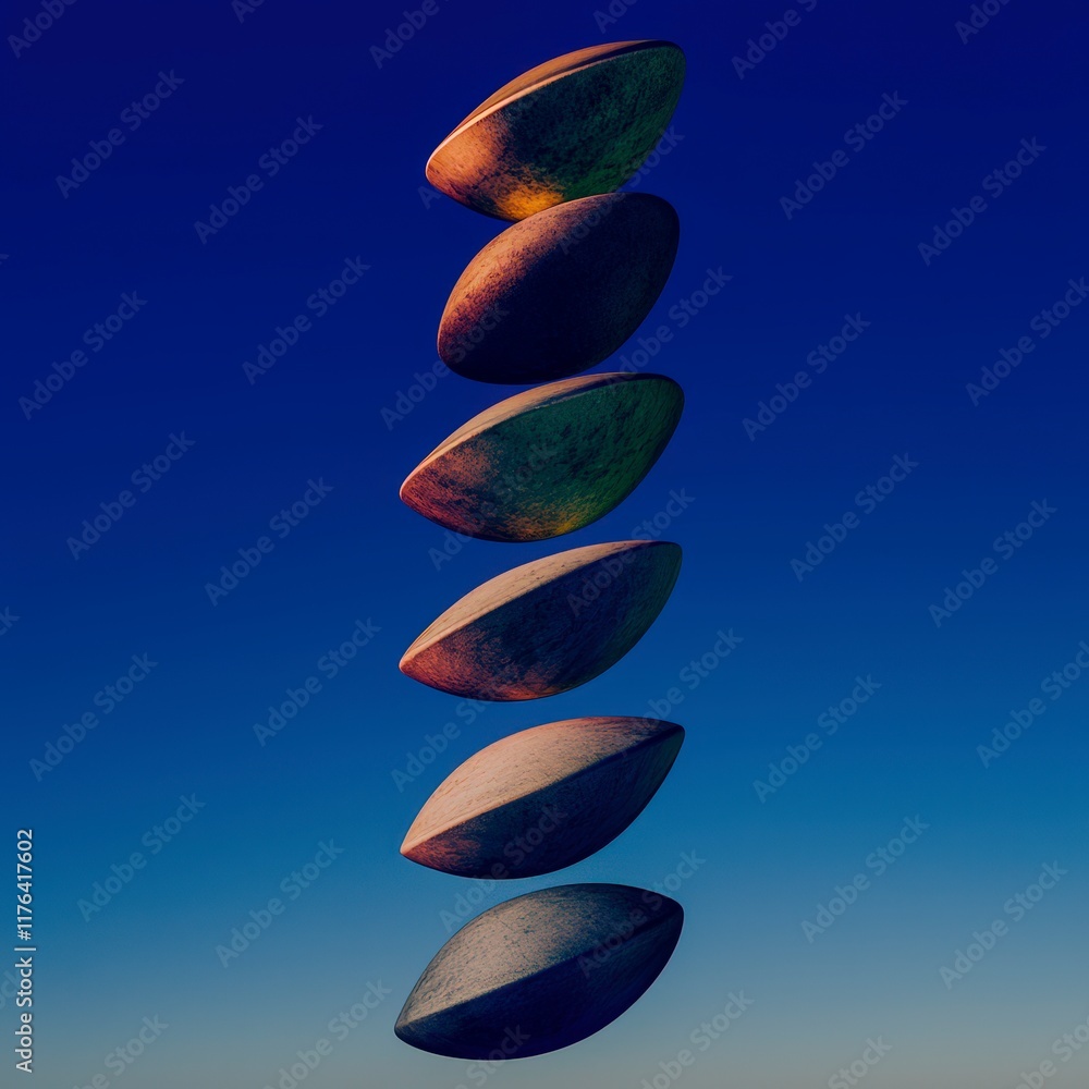 Poster abstract 3d render balanced metal objects stacked design blue sky background
