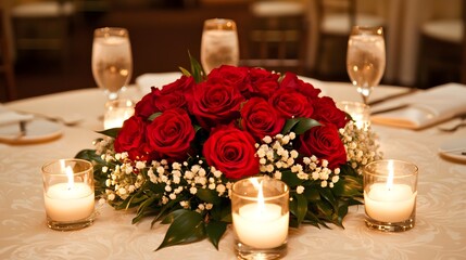 Obraz premium Romantic Red Rose Centerpiece with Candles on Elegant Table Setting for Wedding or Special Event