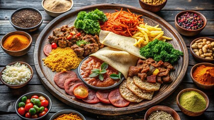 Fototapeta premium Vibrant Ethiopian Food Platter with Injera Bread and Various Stews - Stock Photo