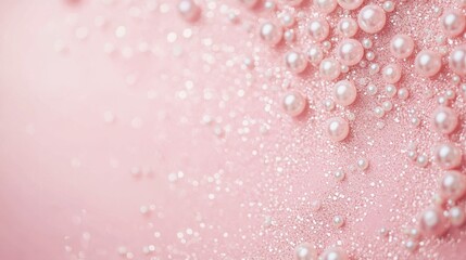Pastel pink background with a touch of glitter and scattered pearls, offering a refined and graceful look with space for text