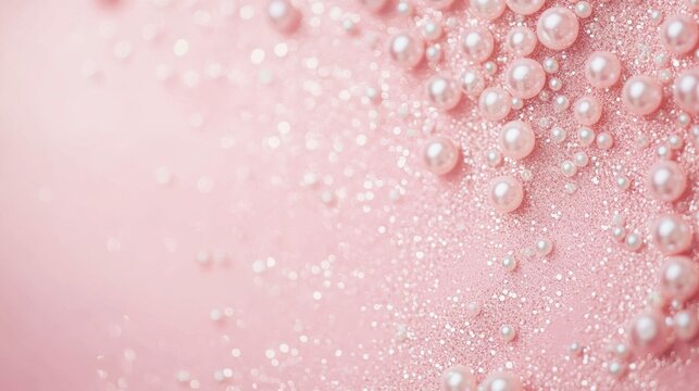 Pastel pink background with a touch of glitter and scattered pearls, offering a refined and graceful look with space for text