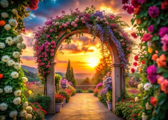 Vibrant Floral Archway at Sunset: Tilt-Shift Celebration Stock Photo