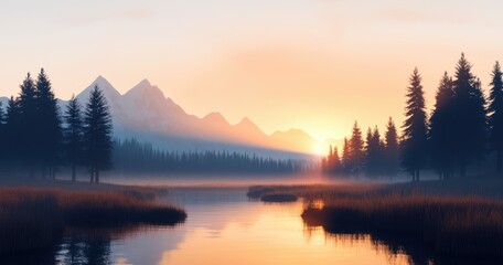 Serene Dawn Over Misty Mountains and Tranquil Lake Reflection