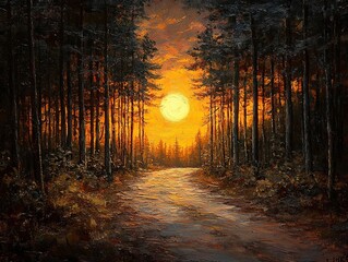 Obraz premium A serene forest path illuminated by a vibrant sunset, evoking tranquility and natural beauty.