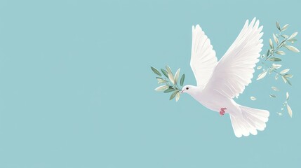 Fototapeta premium Peaceful white dove mid-flight, carrying an olive branch, framed by a clear blue background, perfect for a banner with text space