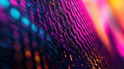 Obraz premium Perspective grid in vibrant neon hues, creating an abstract background in synthwave style with a retro-futuristic 3D effect
