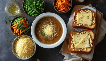 Delicious French Onion Soup Surrounded by Fresh Vegetables and Cheese on Wooden Board