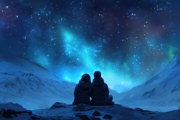 A couple bundled up in coats, sitting together and watching the dazzling Northern Lights in Icelandâ€™s serene winter night.