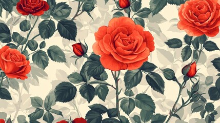 Silk seamless pattern of red rose wallpaper. Abstract floral background for gift paper. Vector illustration