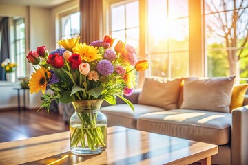 Vibrant Flowers in Sunlit Living Room -  Bright Interior Decor Stock Photo