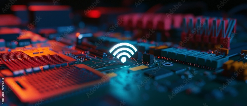Poster futuristic wireless network microchip wifi data transfer