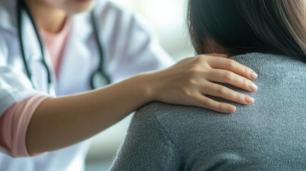 Asian young female doctor comforting patient with gentle touch, showing empathy and care in medical setting. atmosphere is supportive and reassuring