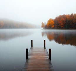 Serene Foggy Lake with Autumn Foliage and Wooden Dock at Sunrise