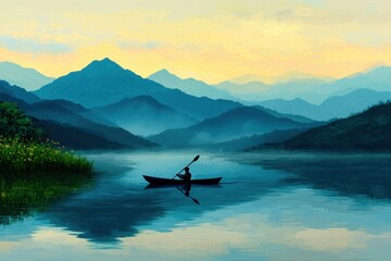 Fototapeta premium Tranquil Kayaker in Misty Mountains at Sunrise on Still Water