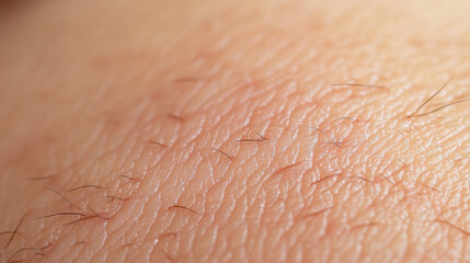 Close up of human skin texture showing fine hair and pores, highlighting natural details and variations in color and surface. image evokes sense of intimacy and realism