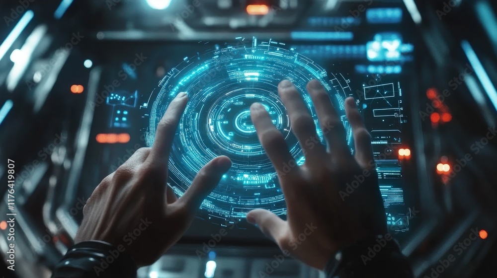 Poster futuristic interface with hands interacting in a digital touchscreen environment for advanced techno