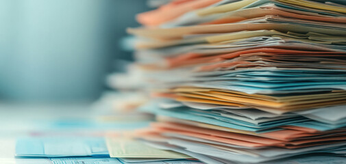 cluttered stack of documents in various colors, representing disorganization and paperwork challenges