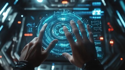 Futuristic Interface with Hands Interacting in a Digital Touchscreen Environment for Advanced Technology Displays and User Experience