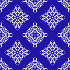White classic traditional damask pattern design on dark blue background, seamless pattern, vector illustration. Design for elegant textile design, carpet, curtains, and clothing.