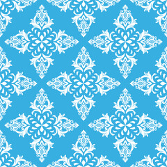 White floral damask seamless pattern on soft blue background. Fine vector traditional ornament with oriental elements. Design for ceramic pottery, sarees, and clothing.