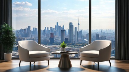 a living room with two chairs and a table