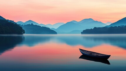 Serene Morning Landscape with Calm Water and Misty Mountains