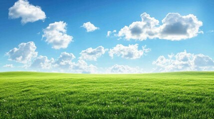 Rolling green hills and expansive meadows under a clear blue sky, dotted with white clouds, forming a tranquil and picturesque panoramic banner