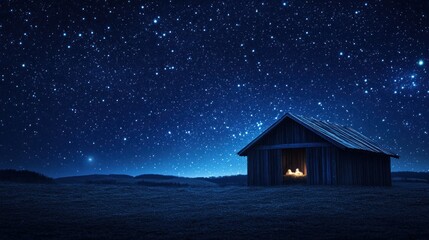 Rustic wooden stable illuminated under a dark blue starry sky, evoking the peaceful nativity scene, with room for copy and design elements