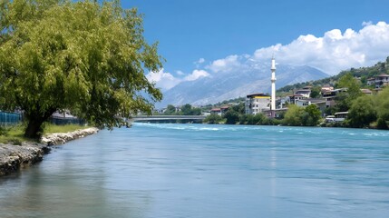 Serene River Scene Photo: Tranquil Waters Flowing Gently Past a Picturesque Town. AI Generated