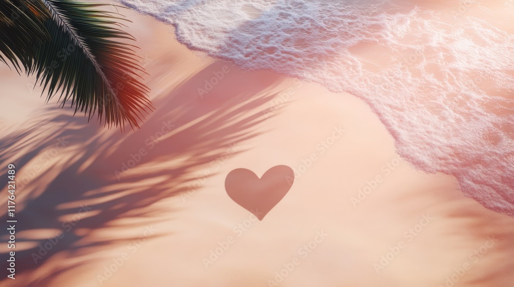 Poster Heart Shape Shadow on Soft Sand with Palm Tree Branches and Gentle Ocean Waves in Tropical Beach Setting